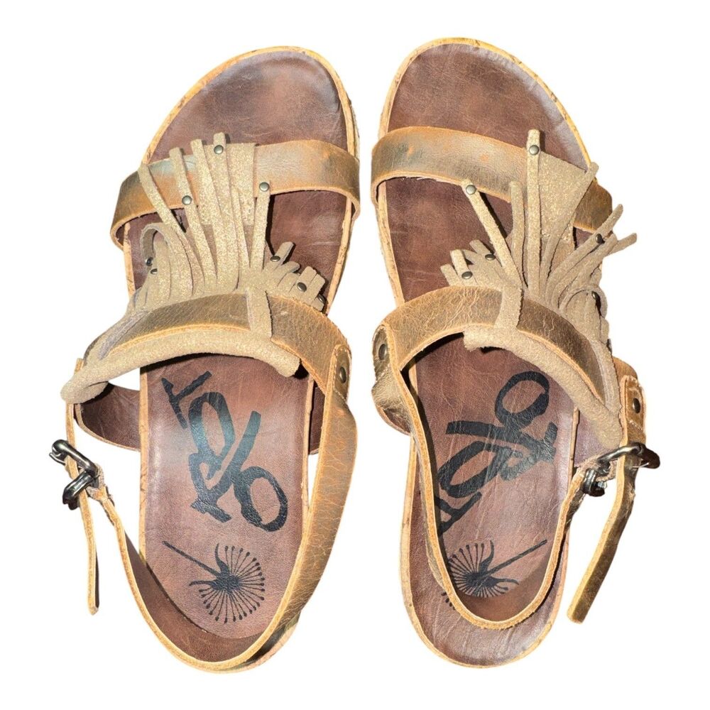 OTBT Tourist Gold Shimmer Leather Fringe Tassel Slingback Sandal Shoe Womens 8.5